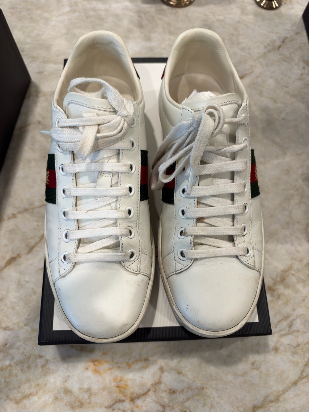 Gucci White Leather Sneakers with Red and Green Web Stripe